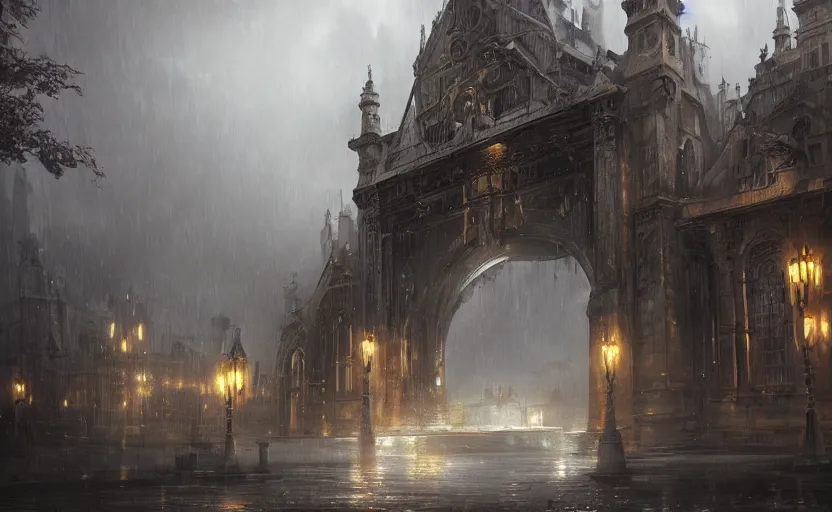 Prompt: the university of magic, campus of black building with a magnificent gate, digital art, cinematic, scenic view, overcast raining, matte painting by gerg rutkowski and emmanuel shiu, trending on artstation, 4 k