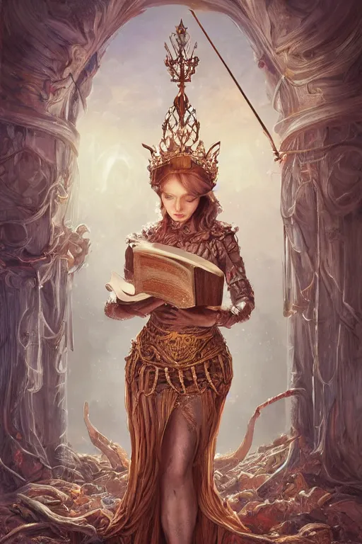Prompt: painting the world as a queenwearing a crown and holding a book and a quill by artgerm and wlop and scott fischer and seb mckinnon, digital art, highly detailed, wide shot, intricate, fantasy, mystical, sharp focus, Trending on Artstation HQ, deviantart, unreal engine 5, 4K UHD image