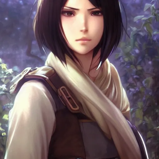 Image similar to mikasa ackerman, bokeh, beautiful face!!!!, 2 7 years old, cg animation, lifelike, animated, realistic, character select portrait, by artgerm, greg rutkowski, alphonse mucha, 3 d