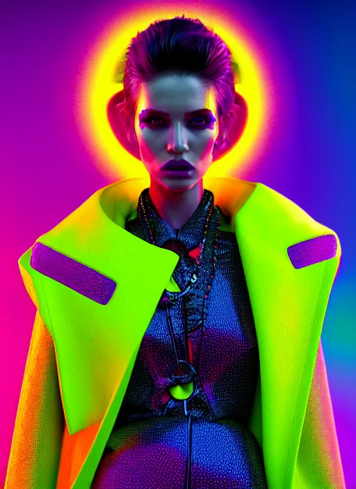 Prompt: coat for a rave, bright colors, many details, prints, photo for a magazine, photo for a store, fashion photography, Vogue, 135 mm, cinematic, hyper realism, high detail, octane render, 8k, chrome accents, very coherent symmetrical artwork, perfect face model, full length photo
