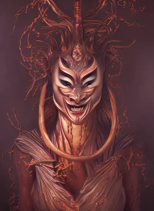 Image similar to a beautiful detailed oil on copper art illustration of a japanese namanari mask devil woman, the mask is broken, centered, by charlie bowater, zeng fanzh, trending on artstation, dim dusk lighting, cinematic lighting, detailed lighting, volumetric lighting, realistic, f 8, 4 k hd wallpaper