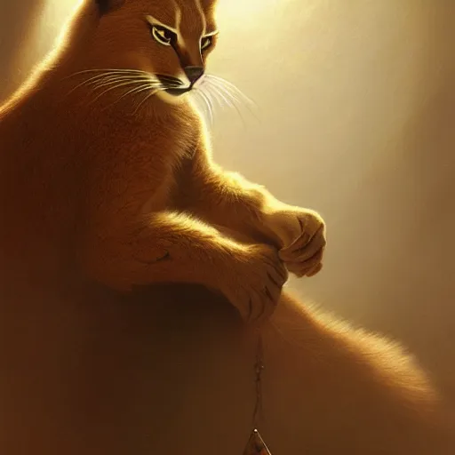 Prompt: sad caracal holding a piece of paper, atmospheric lighting, intricate, volumetric lighting, digital art, highly detailed by gaston bussiere, craig mullins, j. c. leyendecker 8 k