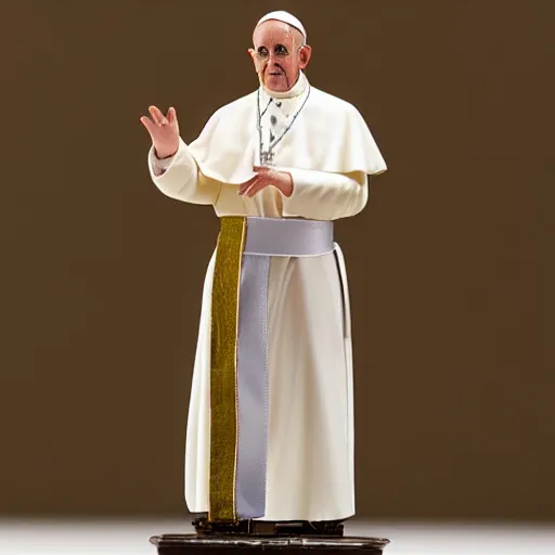 Image similar to action figure of pope francis. advertising photograph, photographic, hyperreal, 3 5 mm