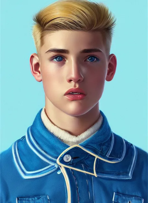 Image similar to portrait of a teenage boy named moose mason, blonde short hair, jock, beefy, square jaw, square facial structure, 1 9 5 0 s, blue varsity jacket, intricate, elegant, glowing lights, highly detailed, digital painting, artstation, concept art, smooth, sharp focus, illustration, art by wlop, mars ravelo and greg rutkowski