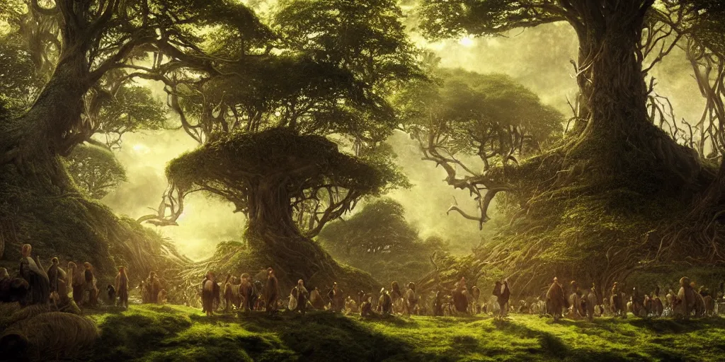 Prompt: Hobbits at Fangorn Forest in the evening, detailed matte painting, cinematic, Alan Lee, Artstation