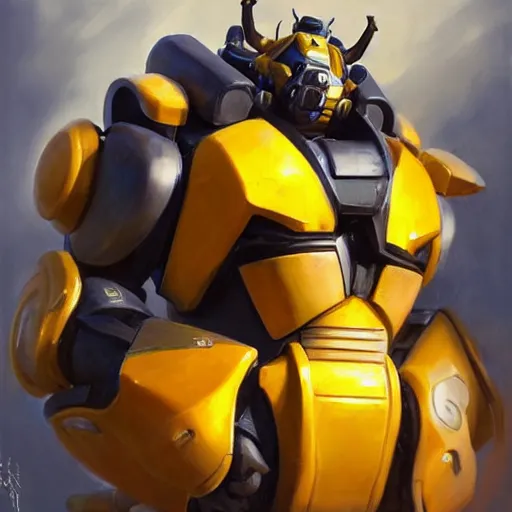 Image similar to greg manchess portrait painting of bumblebee the transformer as overwatch character, medium shot, asymmetrical, profile picture, organic painting, sunny day, matte painting, bold shapes, hard edges, street art, trending on artstation, by huang guangjian, gil elvgren, ruan jia, greg rutkowski, gaston bussiere