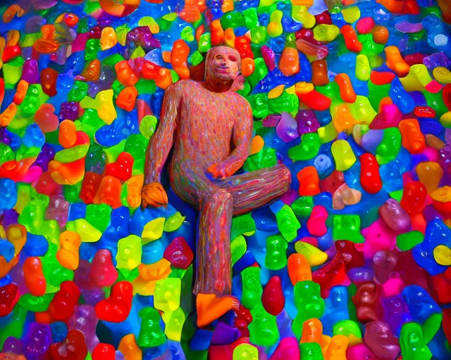 Prompt: a giant sculpture made out of thousands of tons of gummy bears in a human head shape, on the surface of the ocean, in the style of chad knight, long shot, hyper detailed, hyper realistic, ray tracing, 8 k resolution, sharp focus, realistic water, award winning sculpture