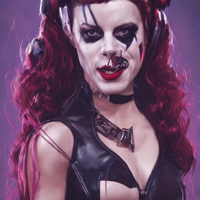 Image similar to portrait of Kate Beckinsale as a harley quinn. intricate abstract. intricate artwork. by Tooth Wu, wlop, beeple, dan mumford. octane render, trending on artstation, greg rutkowski very coherent symmetrical artwork. cinematic, hyper realism, high detail, octane render, 8k, iridescent accents