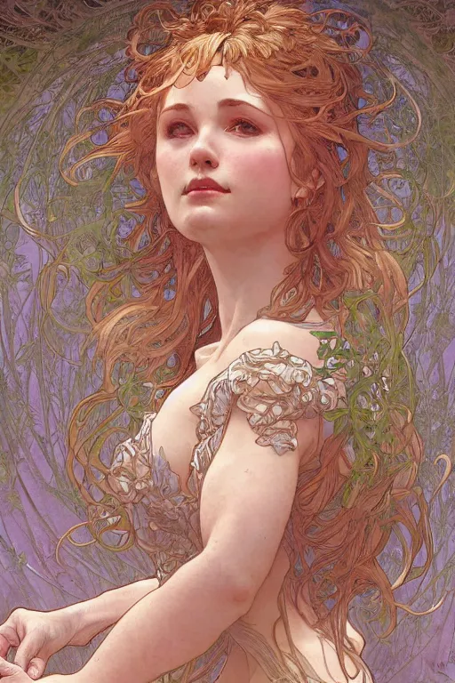 Prompt: beautiful natural coy cottagecore goddess maiden, master drawing, intricate, elegant, highly detailed, digital painting, artstation, concept art, smooth, sharp focus, illustration, art alphonse mucha and james gurney and craig mullins and wlop