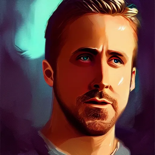 Image similar to “Portrait of Ryan Gosling by Greg Rutkowski, young, attractive, highly detailed portrait, scifi, digital painting, artstation, concept art, smooth, sharp foccus ilustration, Artstation HQ”