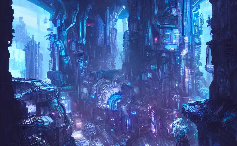 Image similar to cyberpunk factory in a dark cave, blue crystals, hyper detailed, realistic, intricate, concept art by frank hong, mate painting, artstation