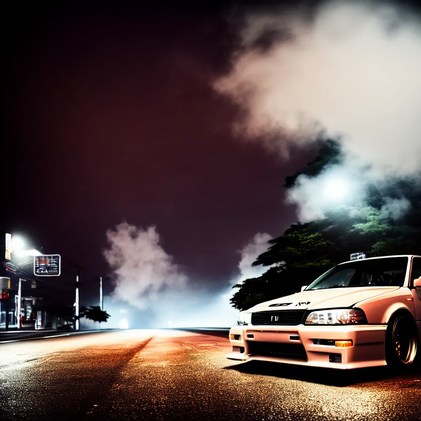 Image similar to one car JZX90 twin turbo drift middle of empty street, misty kanagawa prefecture, night, cinematic color, photorealistic, highly detailed,