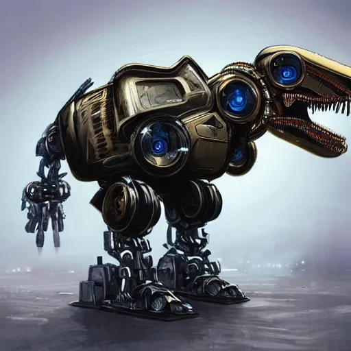 Image similar to hyper-realistic detailed portrait photograph, mid shot, gangster robot mecha dinosaur with a single gold tooth, cyberpunk