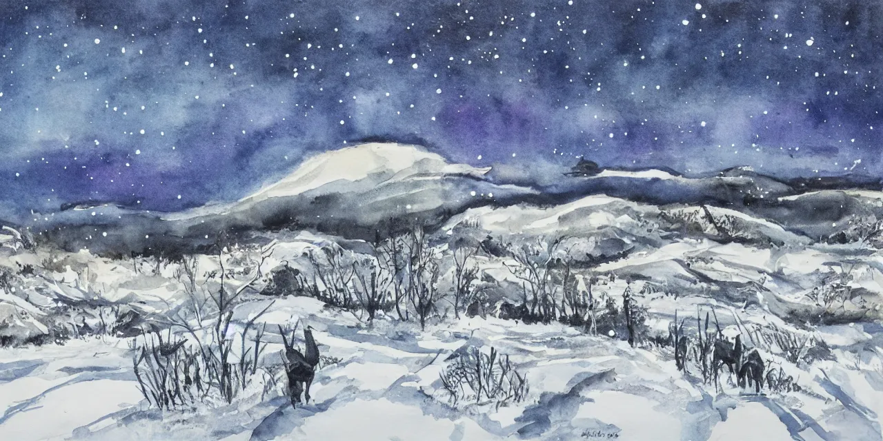 Image similar to laurentian appalachian mountains in winter, unique, original and creative black watercolour landscape, surrealist artwork, snowy night, distant town lights, aurora borealis, deers and ravens, footsteps in the snow, brilliant composition, fascinating textures