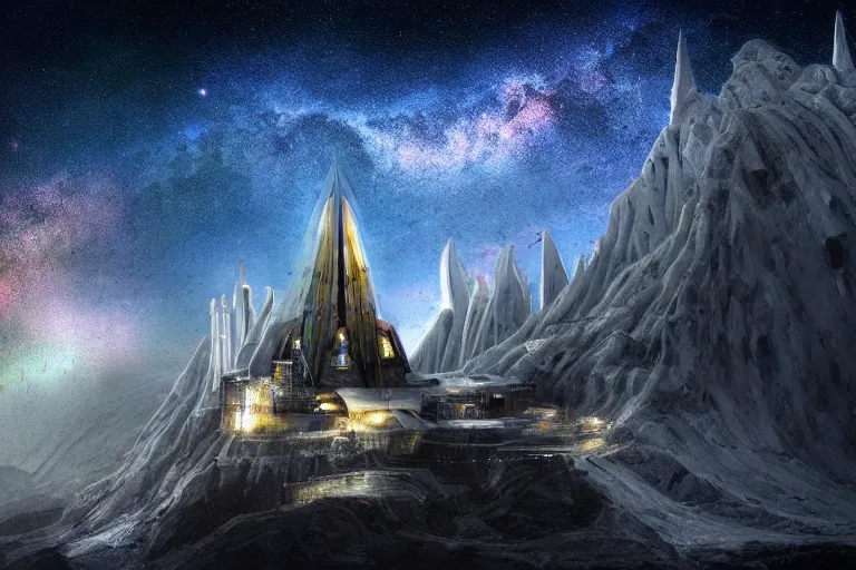 Prompt: favela twisting spaceship cathedral, snowy arctic environment, industrial factory, cliffs, peaks, bright, milky way, award winning art, epic dreamlike fantasy landscape, ultra realistic,