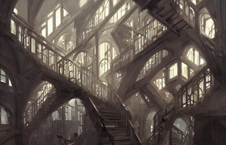 Image similar to greg manchess concept art of a the escher stairs dimension, key visual, ambient lighting, highly detailed, digital painting, artstation, concept art, sharp focus, by makoto shinkai and akihiko yoshida and hidari and wlop and greg rutkowski