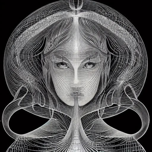 Prompt: holographic interface painted in alex grey and cameron gray style drawn by takato yamamoto, inspired by ooioo, intricate 3 d sculpture, black and white, 3 d, high detail, sharp high detail, artstation, octane