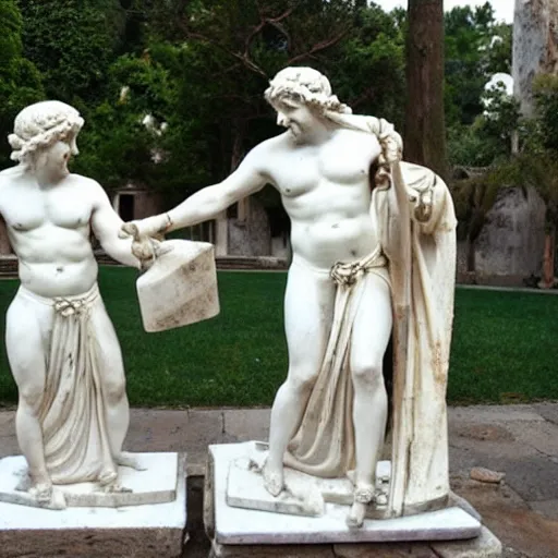 Prompt: Greek Marble Statues doing Daily Chores while laughing histerically