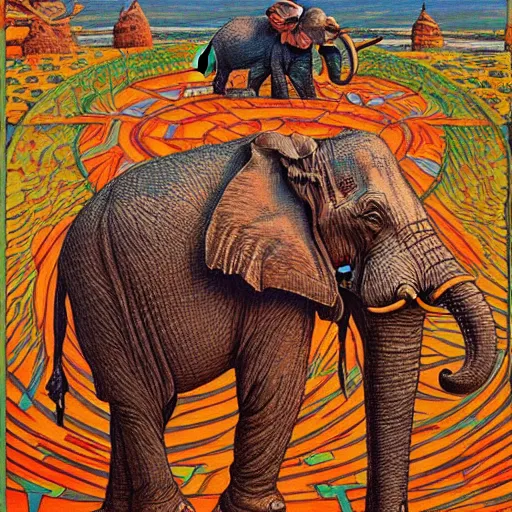 Image similar to elephant, beautiful aztec painting by johfra bosschart and michael whelan, trending on artstation russian technological shoal mayonnaise ash tree, by innes and jean giraud, a small