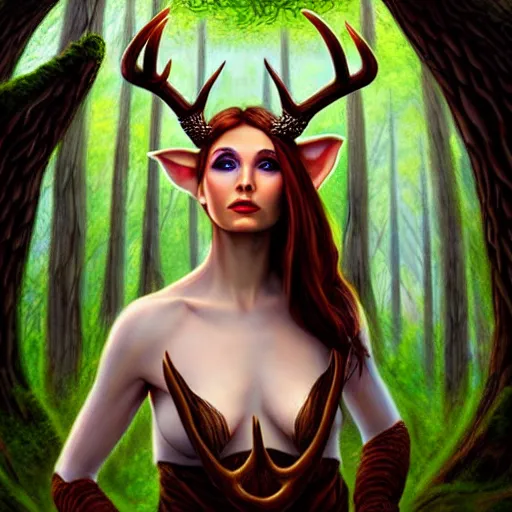 Image similar to elf woman that has antlers, forest in background, matte oil painting, dnd art, fantasy, stunning, beautiful, feral, clear, crisp, sharp, award - winning, portrait, extremely detailed