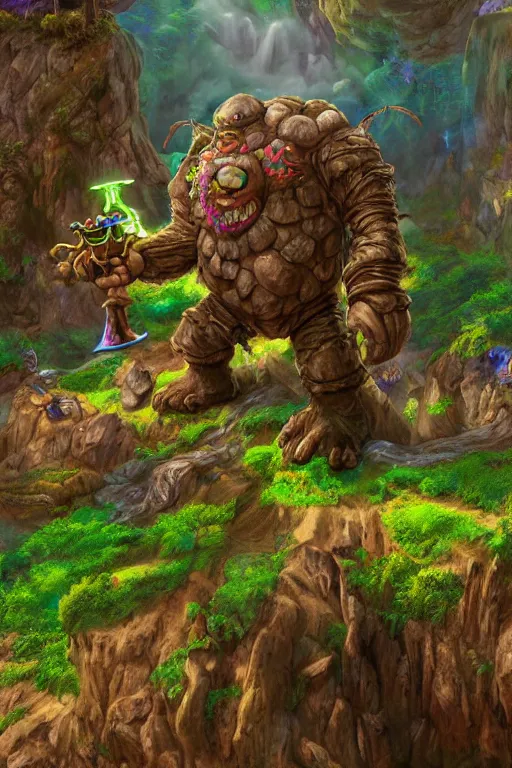 Image similar to zelda fantasy art giant golem troll wood rock greeble gemstone enchanted forest, global illumination ray tracing hdr fanart arstation by sung choi and eric pfeiffer and gabriel garza and casper konefal bastion forged hardmesh lisa frank zbrush central radiating a glowing aura global illumination ray tracing hdr