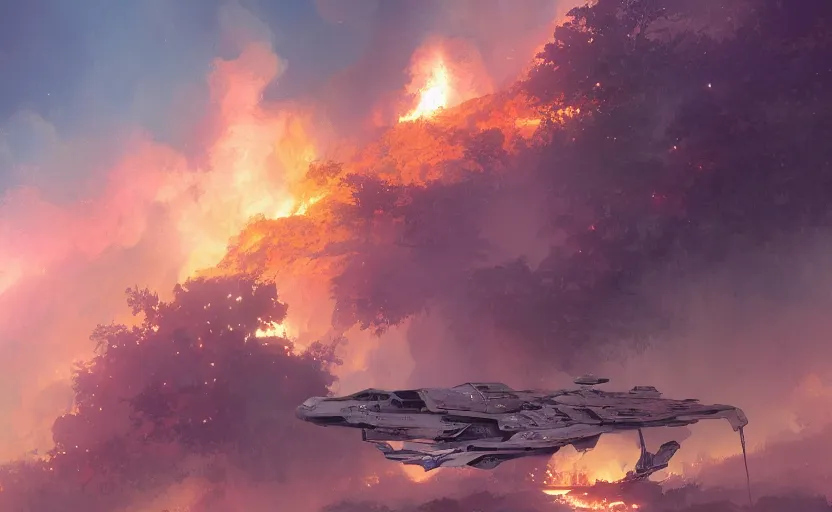 Image similar to a spaceship on fire and smoke crashed in a forest, smoke and fire. By Makoto Shinkai, Stanley Artgerm Lau, WLOP, Rossdraws, James Jean, Andrei Riabovitchev, Marc Simonetti, krenz cushart, Sakimichan, trending on ArtStation, digital art.