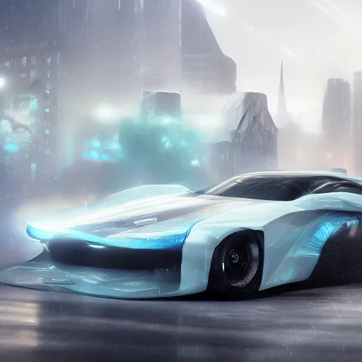 Image similar to full view of a car, painted in white holographic pearlescent, elegant, digital painting, concept art, smooth, sharp focus, art style from Wang Ke and Greg Rutkowski and Bruce Kaiser and Scott Robertson and Dmitry Mazurkevich and Doruk Erdem and Jon Sibal, small style cue from Blade Runner