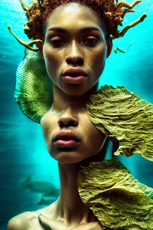 Image similar to hyperrealistic metamodern cinematic half underwater scene with fish and algae, very expressive! translucent elegant african goddess getting out of water, gold jewerly, highly detailed face, digital art masterpiece, aykut aydogdu zener, dramatic volumetric light, long shot, low angle uhd 8 k, sharp focus