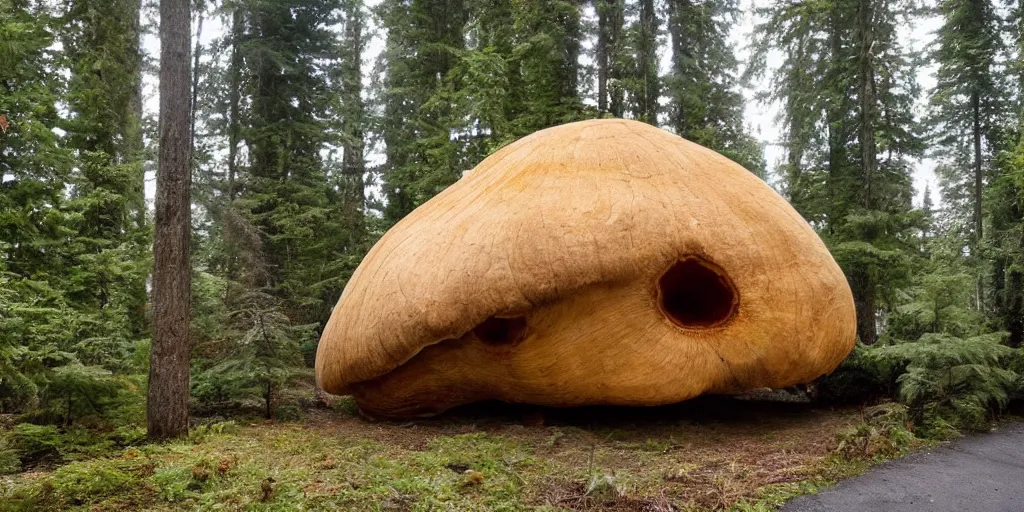 Image similar to cozy residence made from an enormous amantia mushroom, pacific northwest