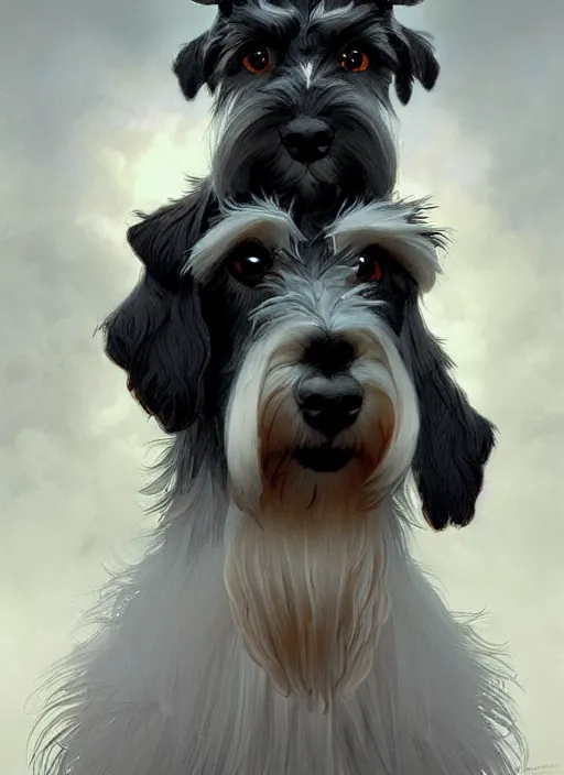 Image similar to portrait of stoic looking miniature schnauzer, black fir, white eyebrows, fantasy, intricate, elegant, highly detailed, digital painting, artstation, concept art, smooth, sharp focus, illustration, art by artgerm and greg rutkowski and alphonse mucha