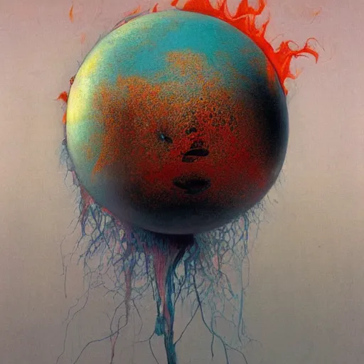 Image similar to a sphere being devoured by abstract splatters of paint in the style of francis bacon, venus being engulfed in flames in the style of james jean, surreal, beksinski, high detailed