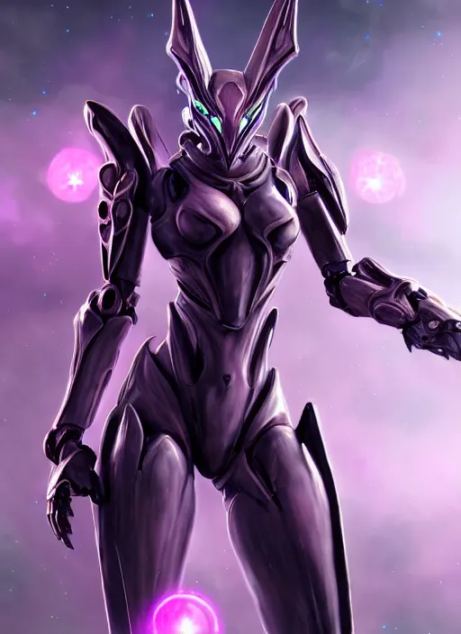 Image similar to cinematic bust shot, cosmic sized proportional stunning beautiful hot female warframe, detailed robot mecha female dragon head, metal ears purple eyes, sleek silver armor, fuschia skin, floating in empty space, nebula sized, posing elegantly, epic proportions, epic size, epic scale, furry art, dragon art, giantess art, warframe fanart, furaffinity, deviantart