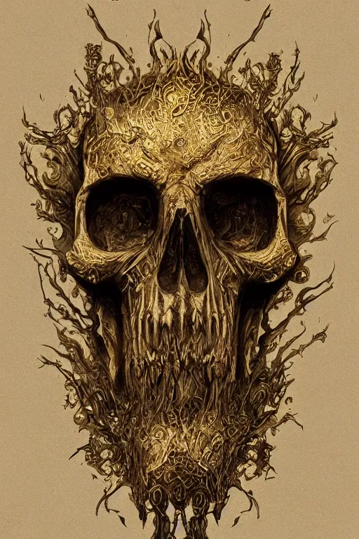 Image similar to skull, close - up portrait, powerful, intricate, elegant, volumetric lighting, digital painting, highly detailed, artstation, sharp focus, illustration, concept art, black ink pen, small gold leaf flake accents