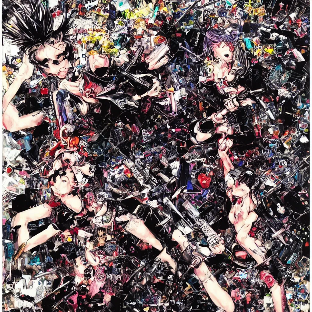 Image similar to punk girl destroying a crt tv with a spiked baseball bat by ayami kojima