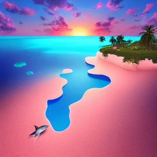 Image similar to “poop island with flies, Bahamas, Beautiful sunset, dynamic lighting, blue water, white sand, dolphin made of poop jumping out of water, trending on artstation, detailed, masterpiece”