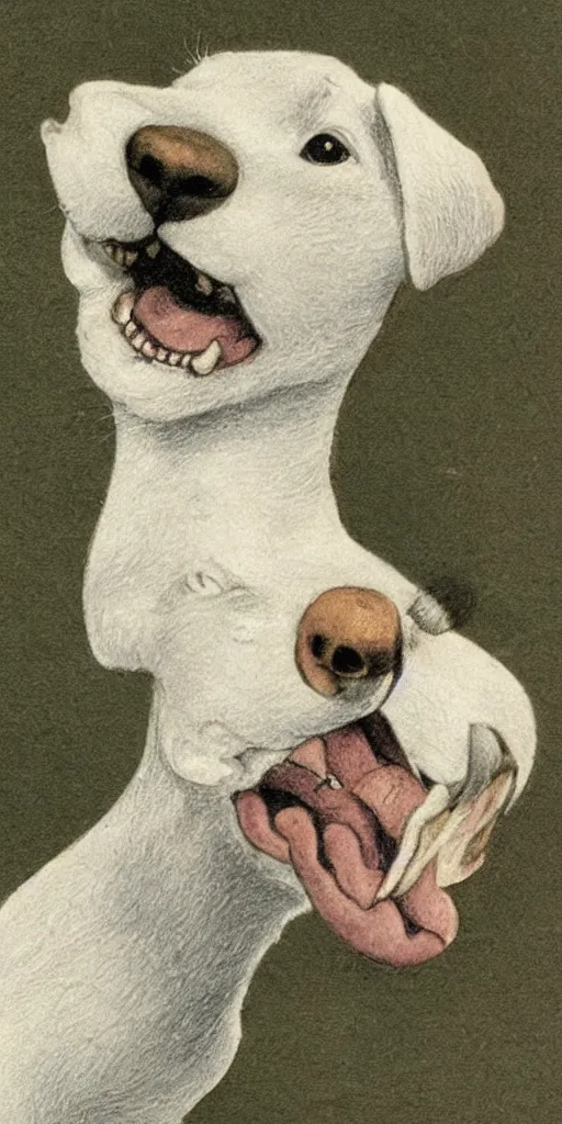 Image similar to jack russel dog looking up and howling with mouth open sad, highly detailed, side view, illustrated by peggy fortnum and beatrix potter and sir john tenniel