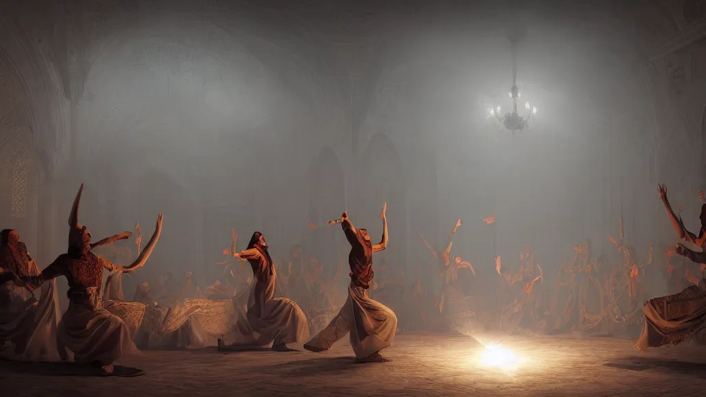 Image similar to tyrkisk sufi dance, sufi, arabic words, bysintine, gothic, 4 k, smokey, michael whelan, peter mohrbache, giovanni paolo panini style epic, volumetric light, insanely detailed, unreal engine render, artstation trends, hyper detail, epic art style, cinematic, concept art, soft white gold lights