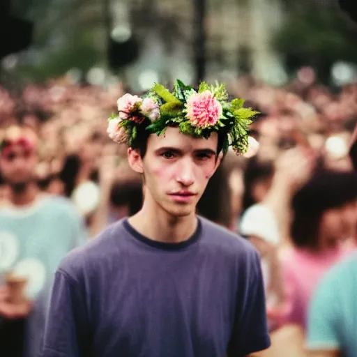 Image similar to close up kodak portra 4 0 0 photograph of a skinny guy standing in crowd, flower crown, moody lighting, telephoto, 9 0 s vibe, blurry background, vaporwave colors, faded!,