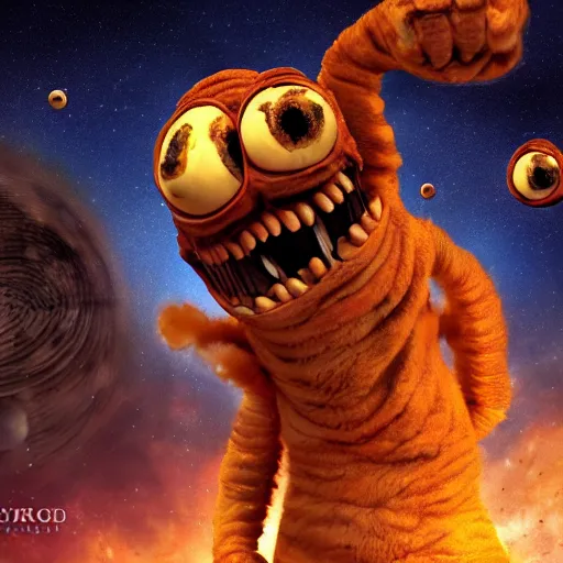 Image similar to eldritch horror bloody garfield in space, hd, 8 k, giant, epic, realistic photo, unreal engine, stars, prophecy, powerful, cinematic lighting, destroyed planet, debris, violent, sinister, ray tracing, dynamic, epic composition, dark, horrific, teeth, grotesque, monochrome drawing, hellscape