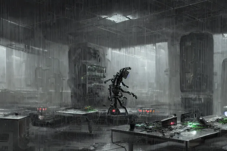 Prompt: gloomy colossal ruined server room in datacenter by eddie mendoza blender robot figure automata headless drone robot knight welder posing pacing fixing soldering mono sharp focus, emitting diodes, smoke, artillery, sparks, racks, system unit, motherboard, by rutkowski artstation hyperrealism cinematic dramatic painting concept art of detailed character design matte painting