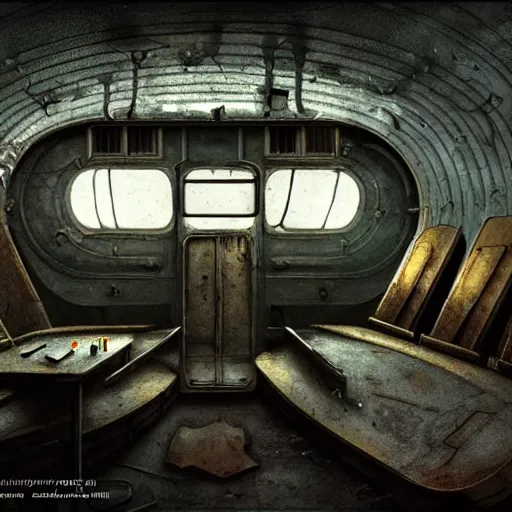 Image similar to inside an narrow quarter room of an abandonned ussr submarine, dim lighting with very small lightrays, comming, concept art, 4 k, hd, art station trending, sergii ivanchenko, sharp and highly detailed