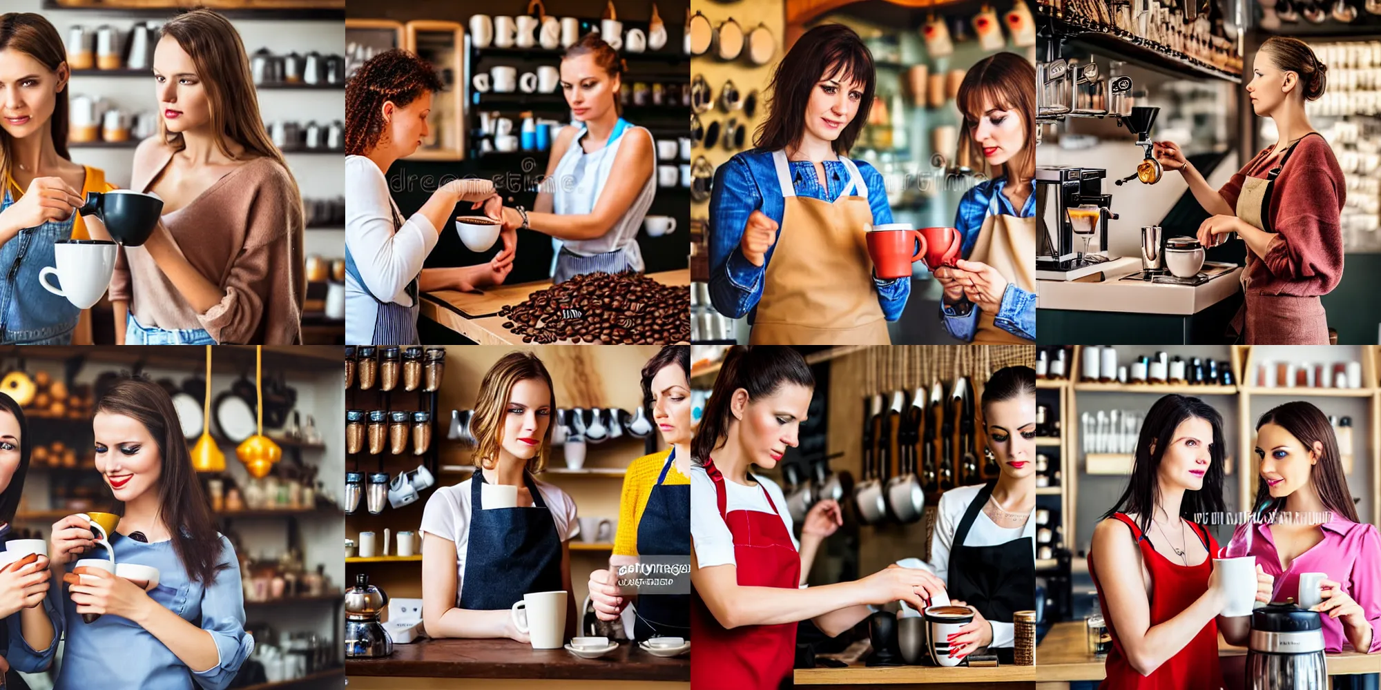 Prompt: professional photo two women creating a coffee in a shop very detailed eyes, Ukraine. professional photo