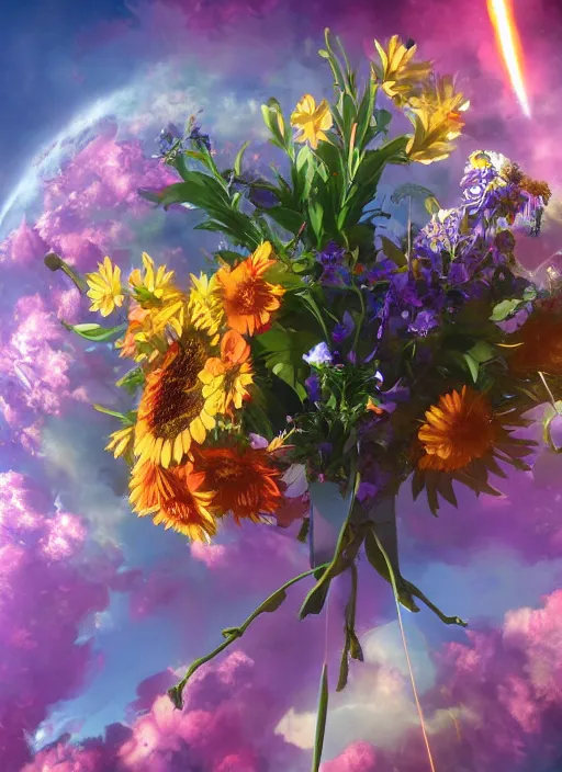 Image similar to An epic fantastic realism comic book style painting of the most beautiful flowers launched into space, bouquets, fisheye lens, unreal 5, DAZ, hyperrealistic, light burst, octane render, dynamic lighting