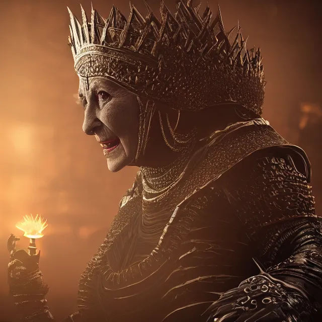 Prompt: queen elizabeth reimagined as a boss in dark souls, dark cinematic, volumetric, realistic, 3 d render, cinematic lighting, ray tracing, cinematic, unreal engine 5, unreal engine render, octane render, hyper realistic, photo, 8 k