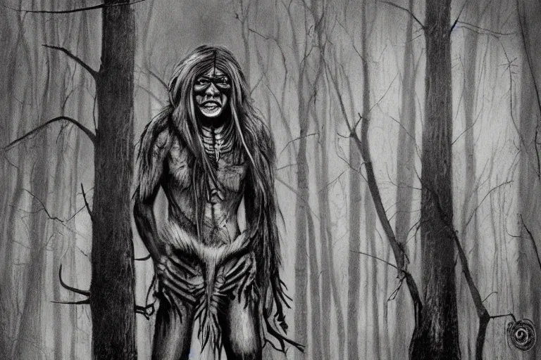 Image similar to mad native american skinwalker in grim forest artwork by ben templesmith