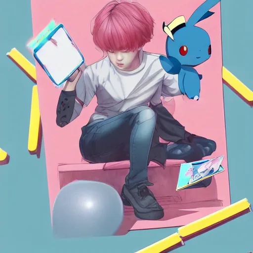 Image similar to jimin playing with pokemon cards, in the style of james jean, artstation trending, 8 k, 3 d render, photorealistic, volumetric lighting caustics, pink