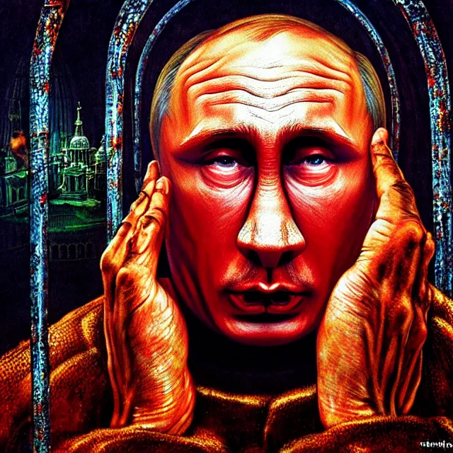 Prompt: shocked face of putin dwarf with tears in cage, hell, hyper - realistic, sharp focus, depth of field, hyper - detailed visionary art, symmetric, hell, holy halo, dramatic ambient lighting, high detail, vibrant colors, the thing 1 9 8 2, judgment day, apocalypse