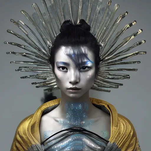 Prompt: a futuristic female geisha warrior by cy Twombly and BASTIEN LECOUFFE DEHARME, silver White and gold, iridescent, volumetric lighting