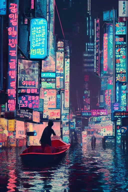 Image similar to cyberpunk flooded rainy south korea, seoul, man in small row boat, reflections, cinematic lighting, photorealistic, trending on artstation, storefronts made of neon lights, hyper realistic rendering photography, unreal 5 engine render, ultra wide angle, long shot, 8 k