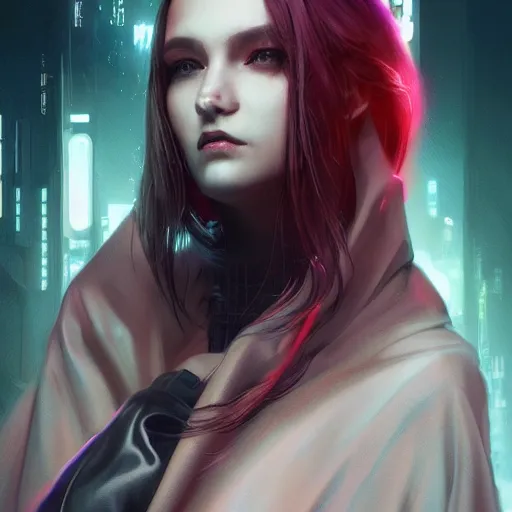 Prompt: cinematic side portrait woman, cyberpunk outfit large cloak, landscape, neon light in the hair, supervillain, undercut hairstyle, dark light night, intricate, elegant, sharp focus, illustration, highly detailed, digital painting, concept art, matte, art by wlop and artgerm and greg rutkowski and alphonse mucha, masterpiece
